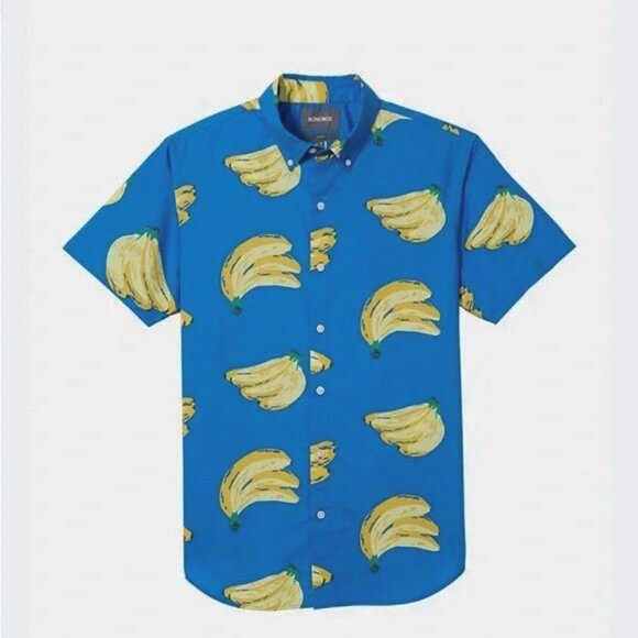 BONOBOS Banana Print Button Down Shirt Blue Buncha Bananas Riviera Short Sleeve - Picture 3 of 12
